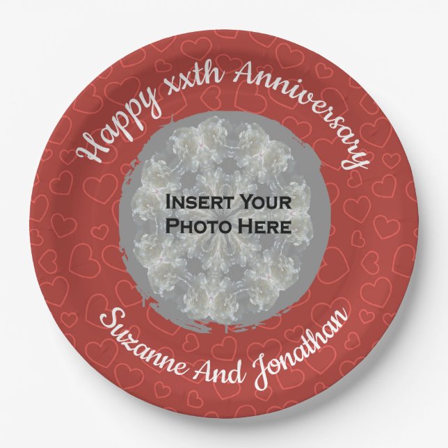 Happy Anniversary Red Hearts Personalised Photo Paper Plate (Front)