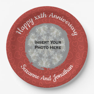 Happy Anniversary Red Hearts Personalized Photo Paper Plate