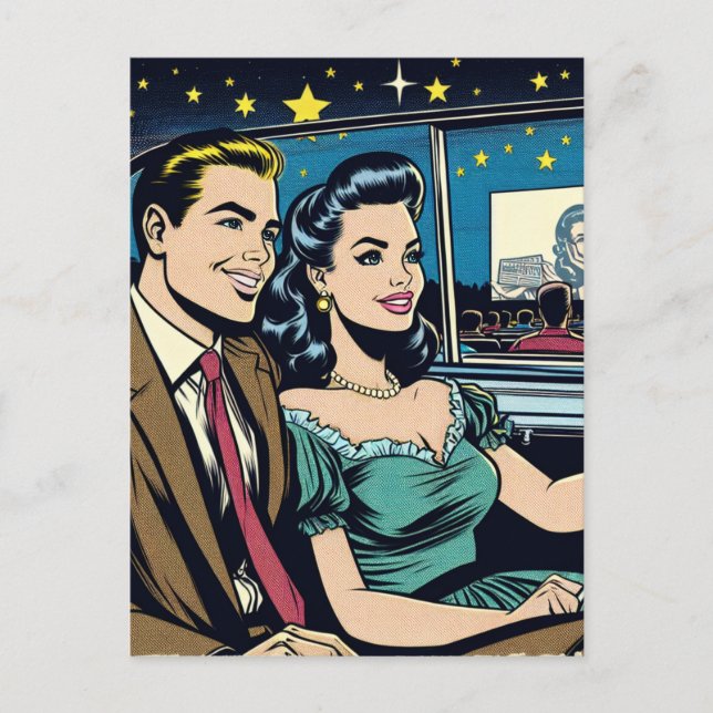 Happy Anniversary | Retro Couple at Drive-In Movie Postcard (Front)