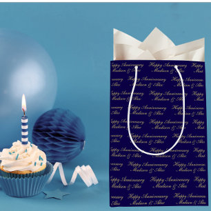 Happy Anniversary Script with Name Blue Gold Medium Gift Bag