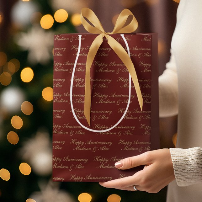 Happy Anniversary Script with Name Burgundy Gold Medium Gift Bag (Creator Uploaded)