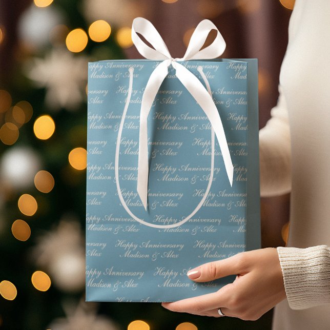 Happy Anniversary Script with Name Dusty Blue Medium Gift Bag (Creator Uploaded)