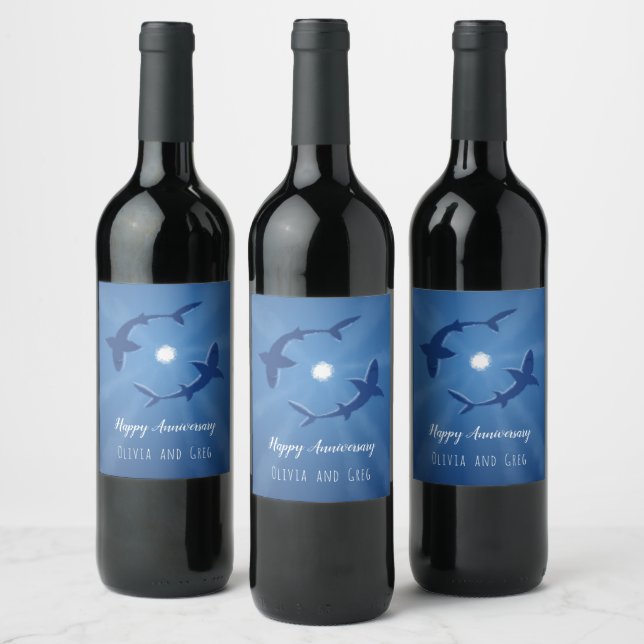 Happy Anniversary Sharks Couple Silver Moon Wine Label (Bottles)