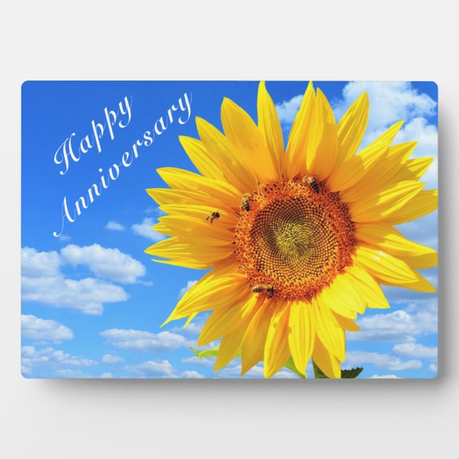 Happy Anniversary - Sunflower and Bees on Blue Sky Plaque (Front)
