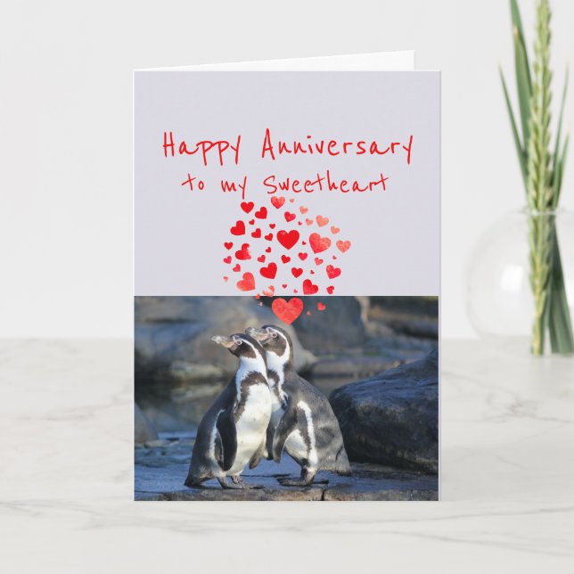 Happy Anniversary Sweet Romantic Penguins Bird  Holiday Card (Front)