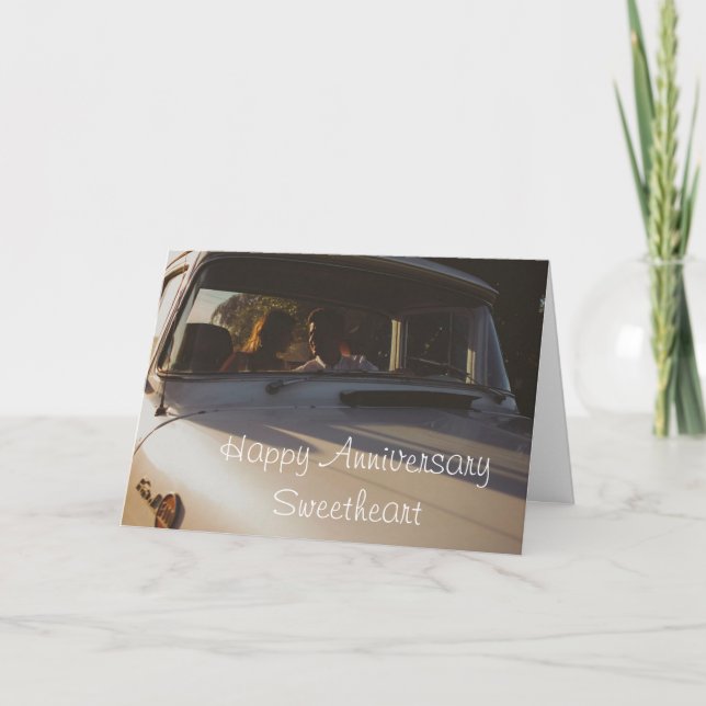 Happy Anniversary Vintage Couple in Car Card (Front)