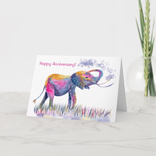 Happy Anniversary Watercolor Elephant Card (Front)
