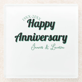 Happy anniversary wedding name date year green bla glass coaster