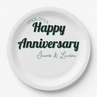 Happy anniversary wedding name date year green bla paper plate