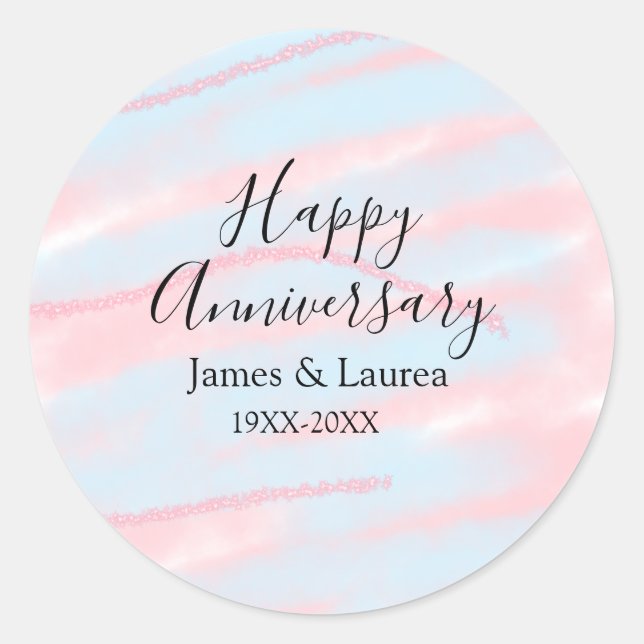 Happy anniversary wedding name date year pastel  classic round sticker (Front)