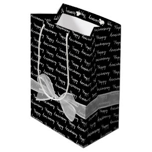 Happy Anniversary White Bow On Black Medium Gift Bag