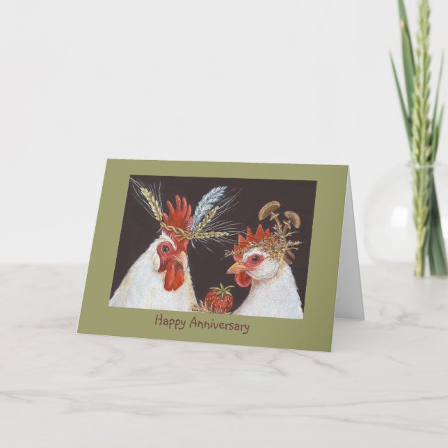 Happy Anniversary with rooster and hen Card (Front)