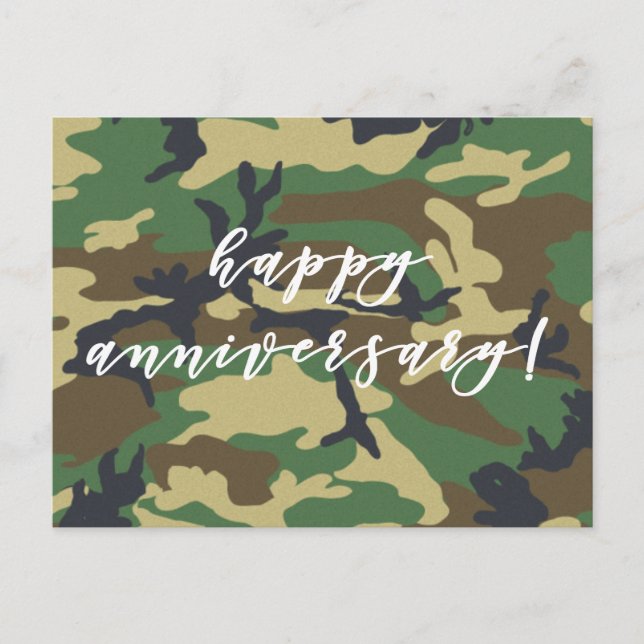 Happy Anniversary Woodland Militairy Camo Print Postcard (Front)
