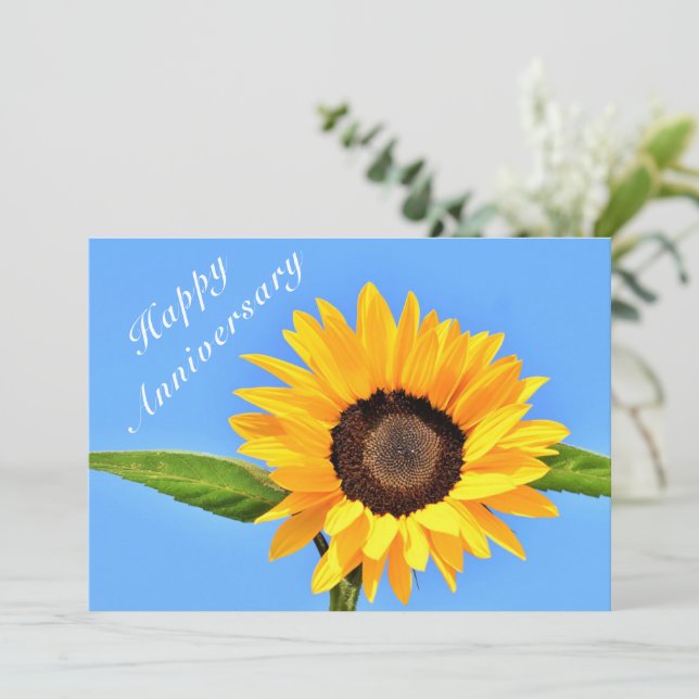 Happy Anniversary - Yellow Sunflower on Blue Sky Card (Standing Front)
