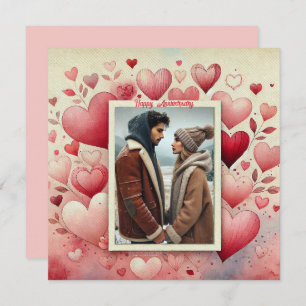 Happy Anniversary Your Photo Hearts Red Pink Cream Holiday Card