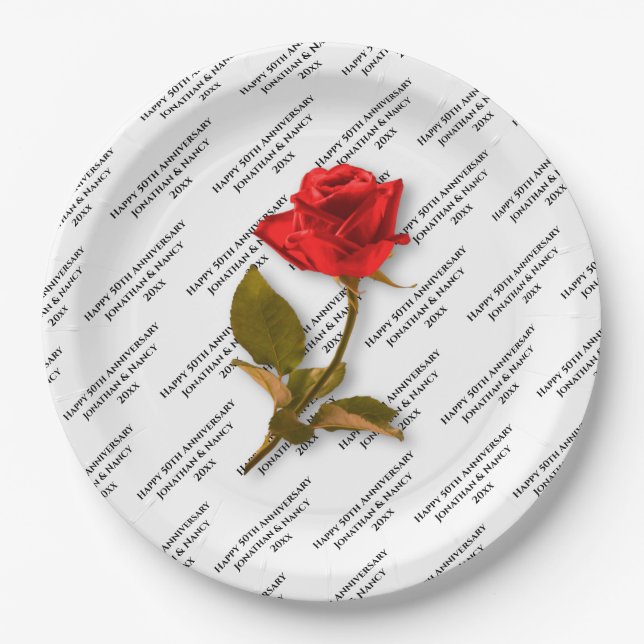 Happy Anniversary | Your text Pattern | Red Rose Paper Plate (Front)