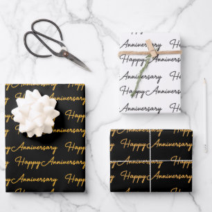 Happy AnniversaryGold Black Text Pattern Wrapping Paper Sheet