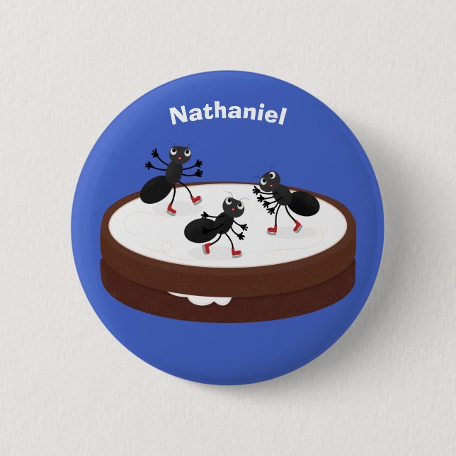 Happy ants ice skating on cookie cartoon 6 cm round badge (Front)