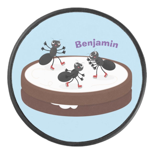 Happy ants ice skating on cookie cartoon hockey puck (Front)