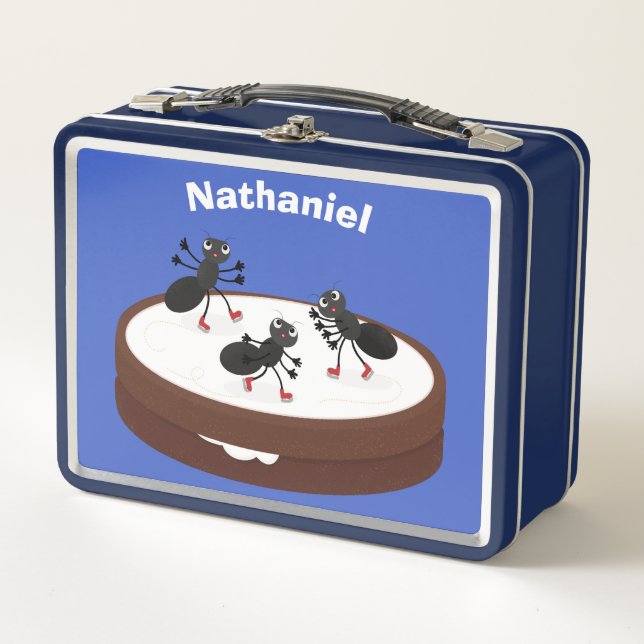 Happy ants ice skating on cookie cartoon metal lunch box (Front)