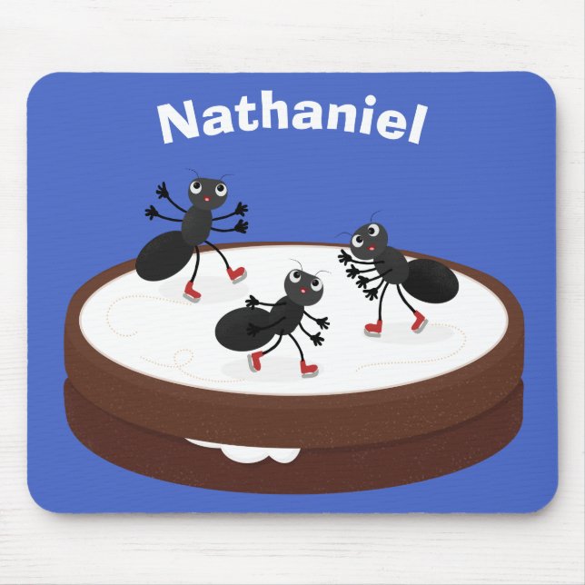 Happy ants ice skating on cookie cartoon mouse mat (Front)