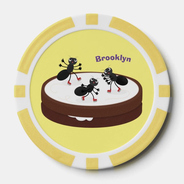 Happy ants ice skating on cookie cartoon poker chips (Front)