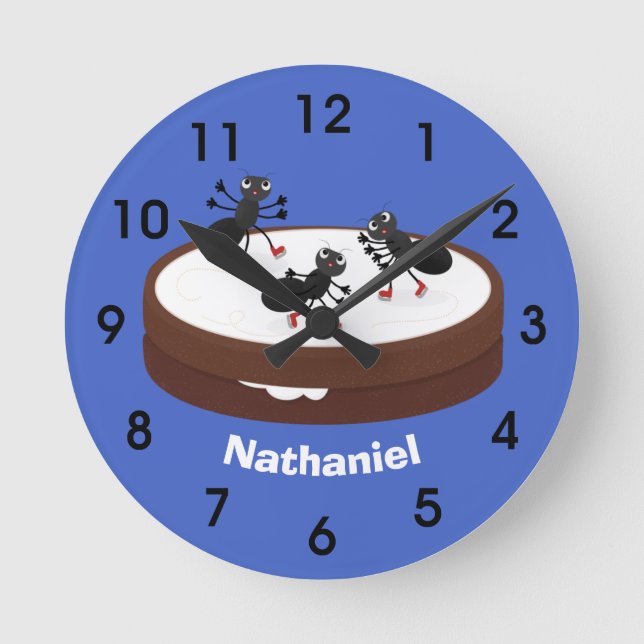 Happy ants ice skating on cookie cartoon round clock (Front)