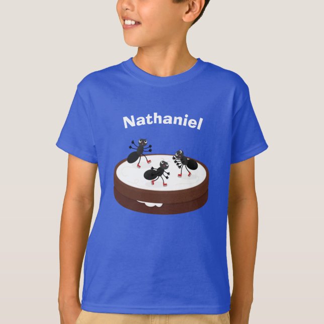 Happy ants ice skating on cookie cartoon T-Shirt (Front)