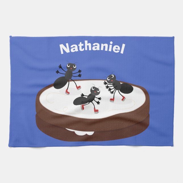 Happy ants ice skating on cookie cartoon tea towel (Horizontal)