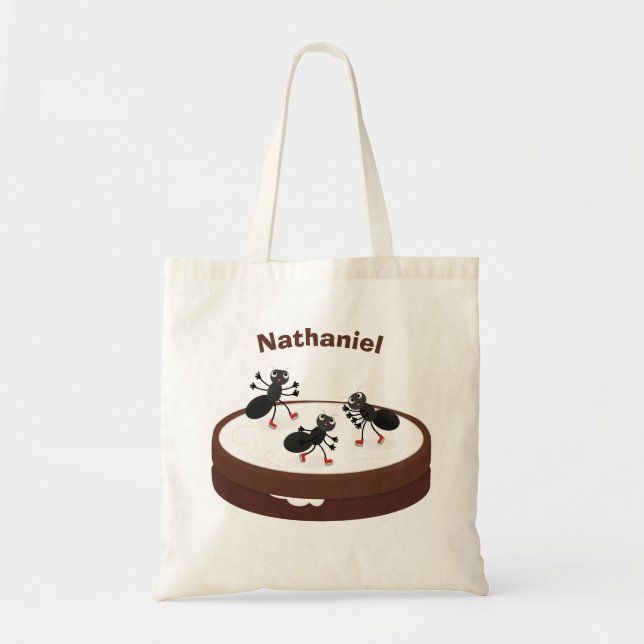 Happy ants ice skating on cookie cartoon tote bag (Front)