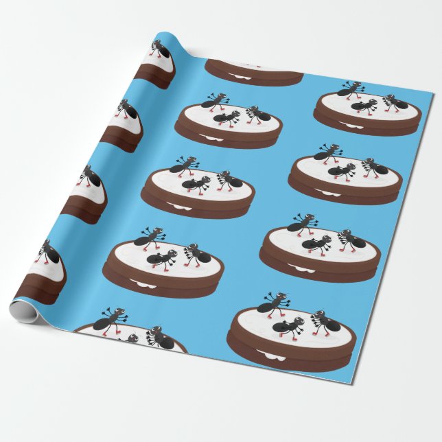 Happy ants ice skating on cookie cartoon wrapping paper (Unrolled)