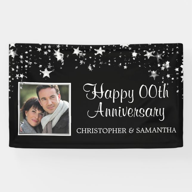 Happy Any Anniversary Black Silver Stars Photo Banner (Horizontal)