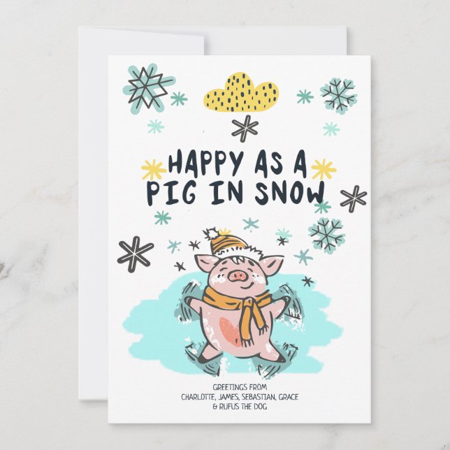 Happy As A Pig In Snow Christmas Holiday Card (Front)