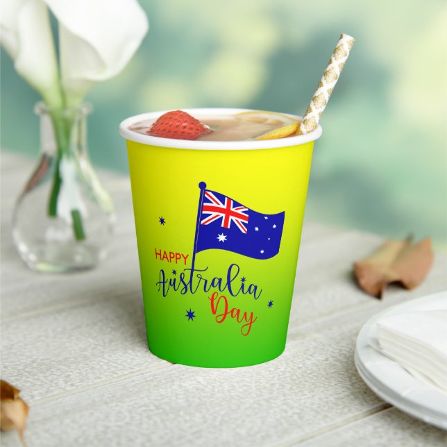 Happy Australia Day Flag Green Gold   Paper Cups (Insitu)