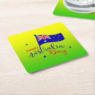 Happy Australia Day Flag Green Gold Square Paper Coaster