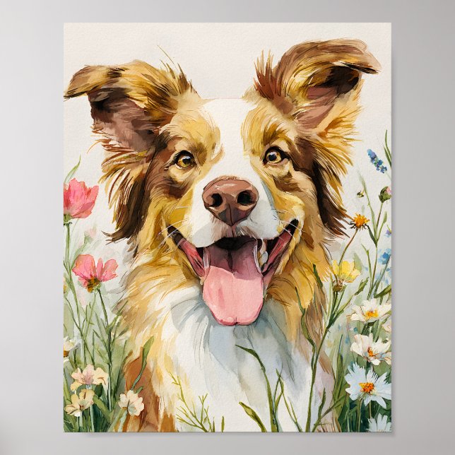 Happy Australian Shepherd in Flowers – Watercolor  Poster (Front)