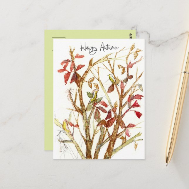 Happy Autumn Fall Colors Tree Birds Branches Postcard (Front/Back In Situ)