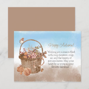 Happy Autumn Flower Basket Pumpkin Bird Postcard