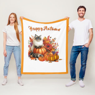 Happy Autumn Ragdoll Cat and Pumpkins Fleece Blanket