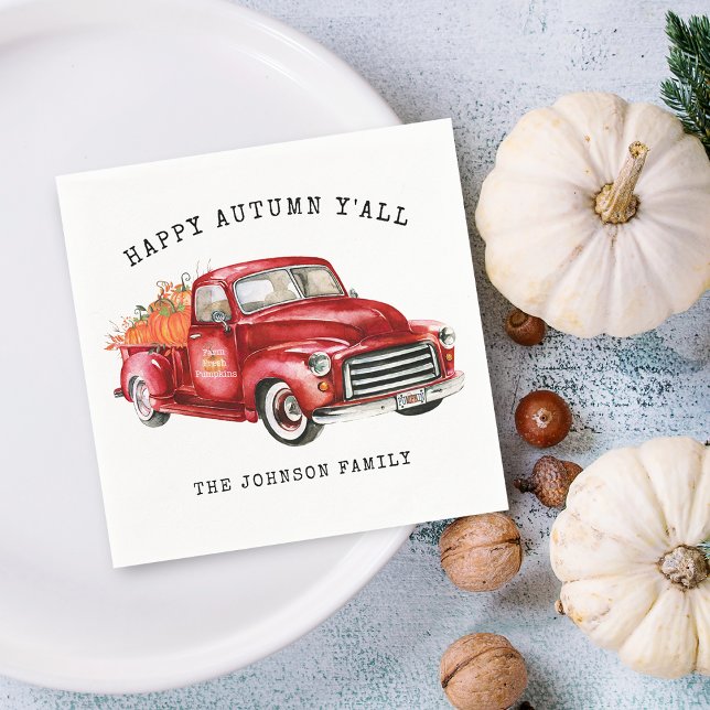 Happy Autumn Red Truck Pumpkins Personalised Napkin (Happy Autumn Red Truck Pumpkins Personalized Napkins)