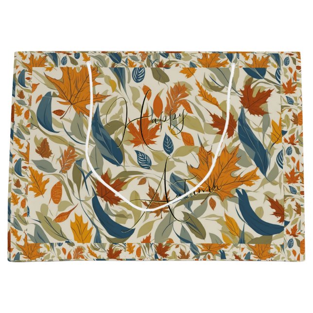 Happy Autumn Vibrant Orange Yellow Teal Text Large Gift Bag (Front)