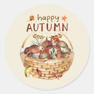 Happy Autumn Wild Mushroom Basket Harvest   Classic Round Sticker