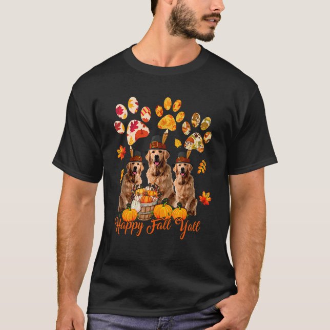 Happy Autumn Y'all Thanksgiving Three Golden Retri T-Shirt (Front)