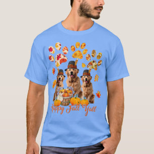 Happy Autumn Yall Thanksgiving Three Golden Retrie T-Shirt
