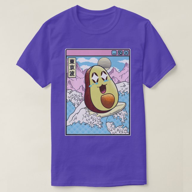 Happy Avocado Surfing Japanes Waves Kawaii Anime V T-Shirt (Design Front)