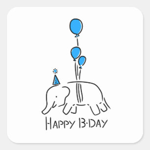Happy b day, elephant blue square sticker