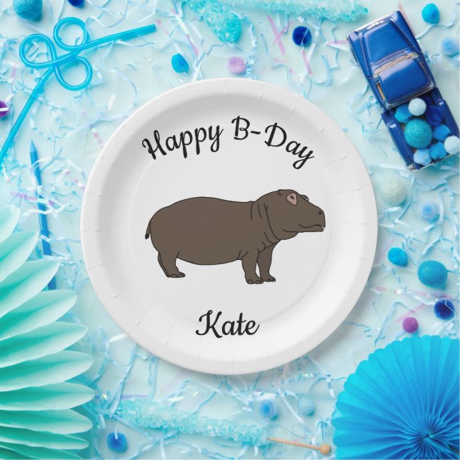 Happy B-day Hippopotamus African Animal Paper Plate (Party)