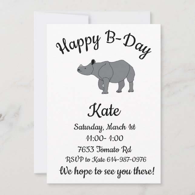 Happy B-day Indian Rhinoceros Africa Animal Invitation (Front)