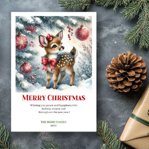 Happy baby deer winter scene snowy forest greeting holiday card