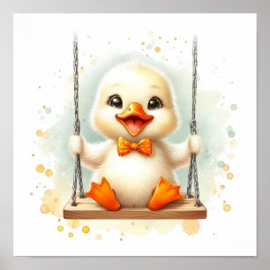 Happy Baby Duck on a Swing Watercolor Nursery Poster